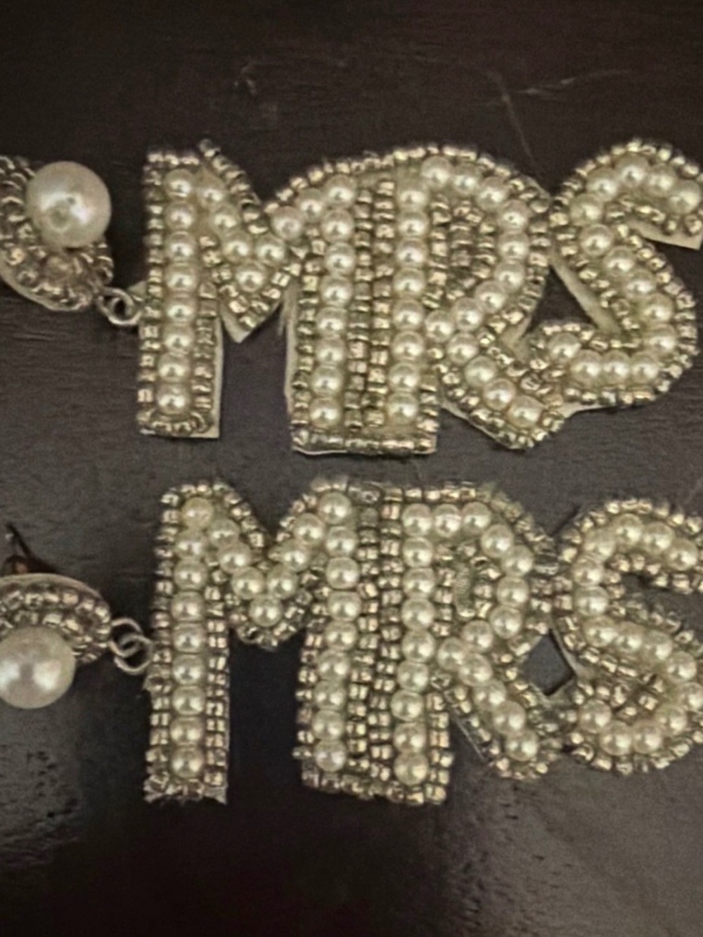 Silver Tone "MRS" Rhinestone Dangle Earrings Simulated Pearl Screw Back
